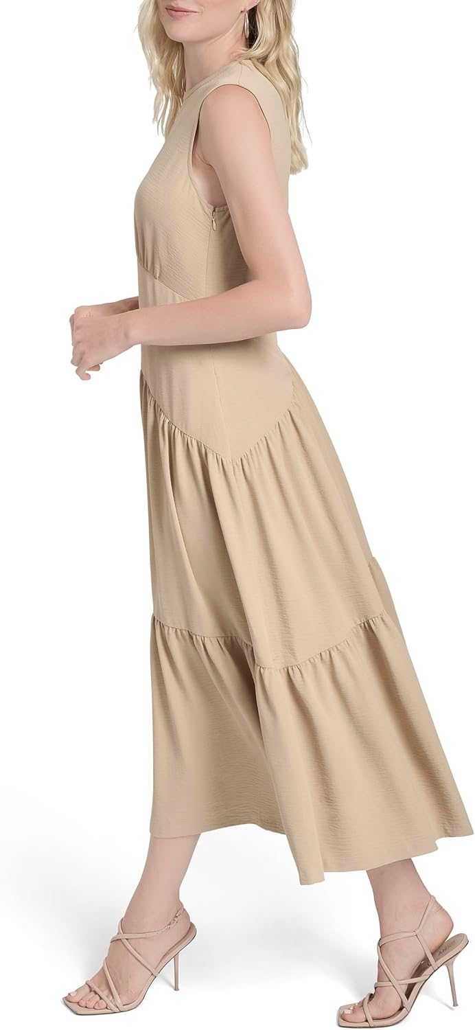 DKNY Women's Sleeveless Jewel Neck Asymmetrical Seams Midi Dress - Image 3