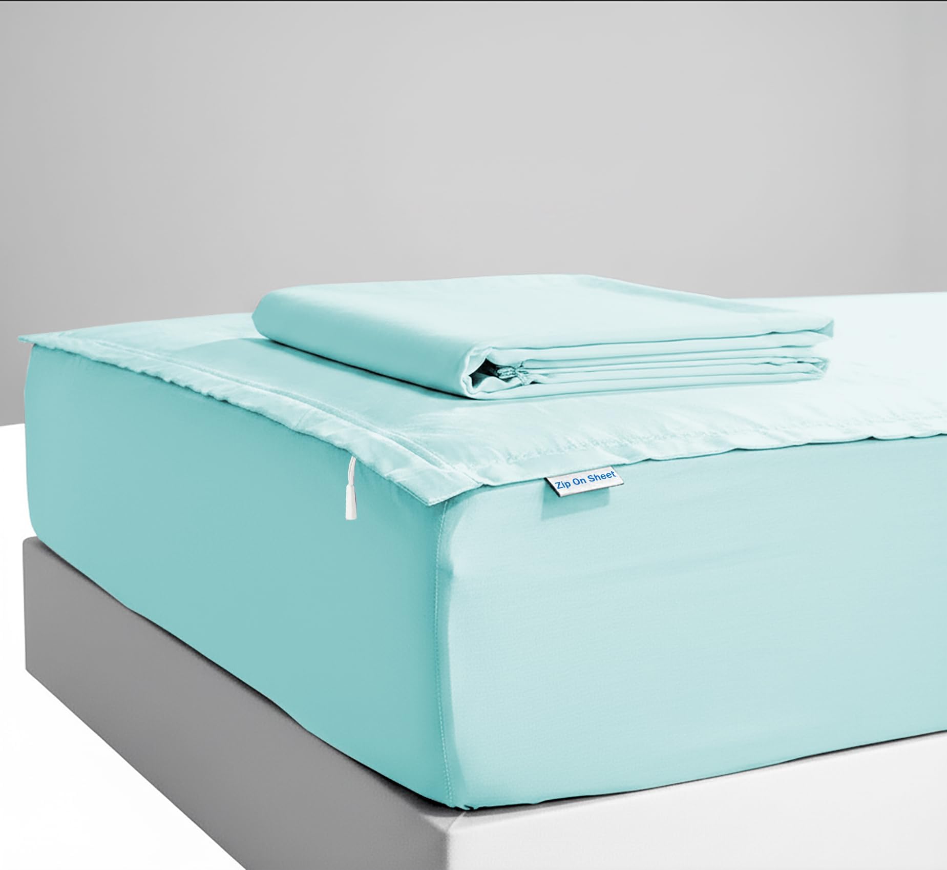 Zip On Sheets™ Zipper Fitted Sheet Twin XL Size - Upto 16” Inch Deep Pockets - Includes 1 Fitted Sheet Base & 2 Zip-On Sheets - Easy to Use, Sateen Cotton 500 TC Fitted Sheet - Aqua Blue
