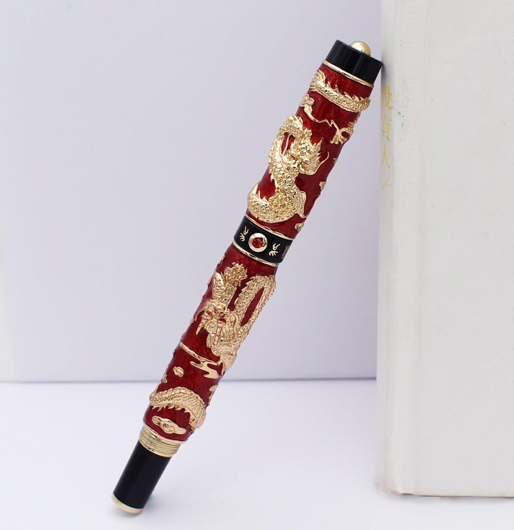 Jinhao Fountain pen, Handmade Cloisonne Enamel Painting Chinese Dragon, Medium Nib, Signature and Collection Pens, Business Pen (Red)