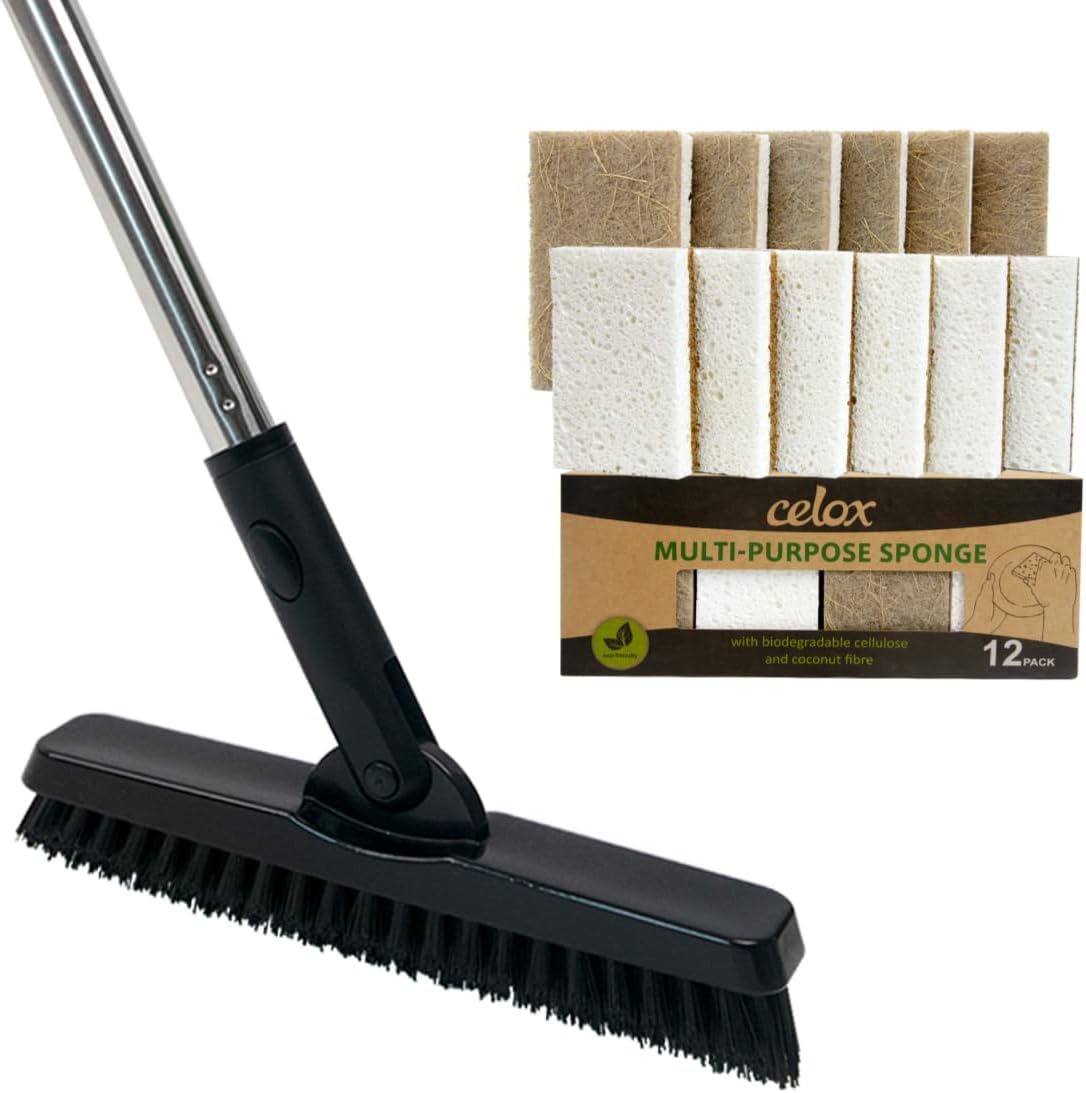CELOX Grout Brush with Long Handle and 12 Pack Coconut Fiber Biodegradable Sponges