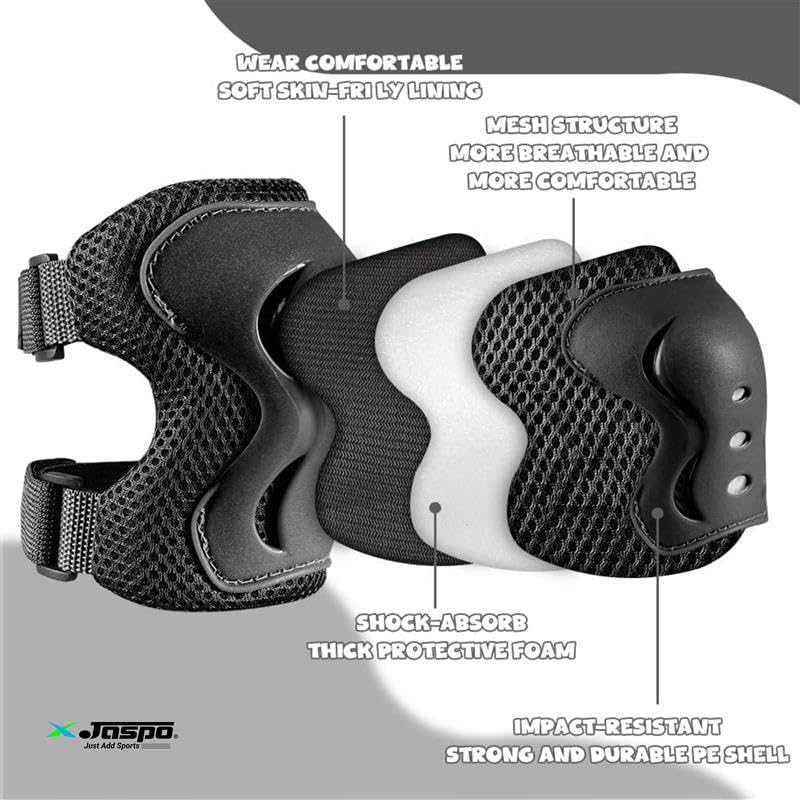 Image of Jaspo Secure Hybrid Protective Gear Set - Knee, Elbow, and Wrist Guards with HDPE Shell, Polyester Mesh, EVA Foam & Soft PU Cushioning for Skating, Cycling