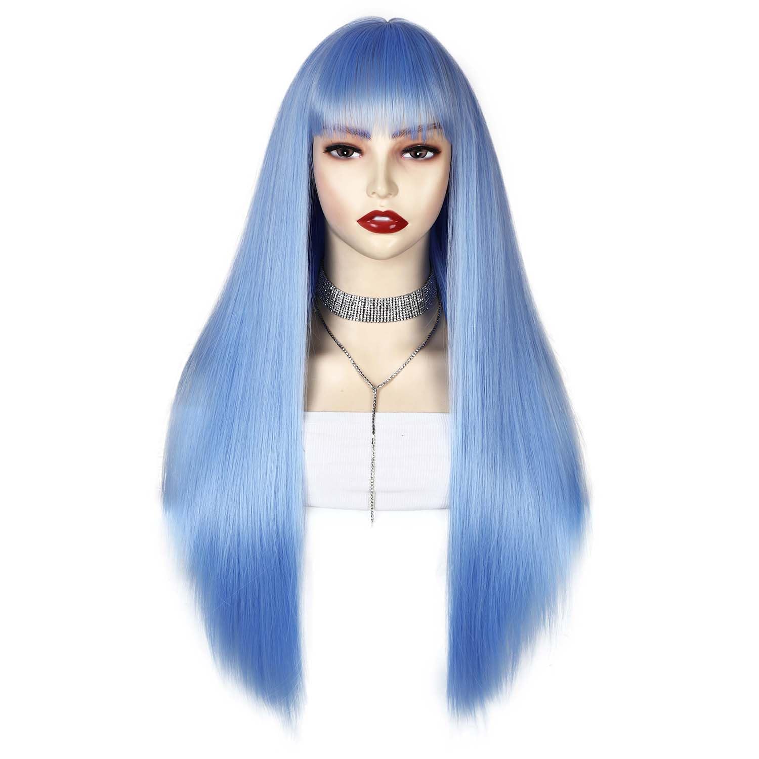 Long Straight Wig With Bangs Light Blue Silky Straight Hair Wigs for Women 28 Inch Synthetic Heat Resistant Fiber Wig for Cosplay Daily Party Use