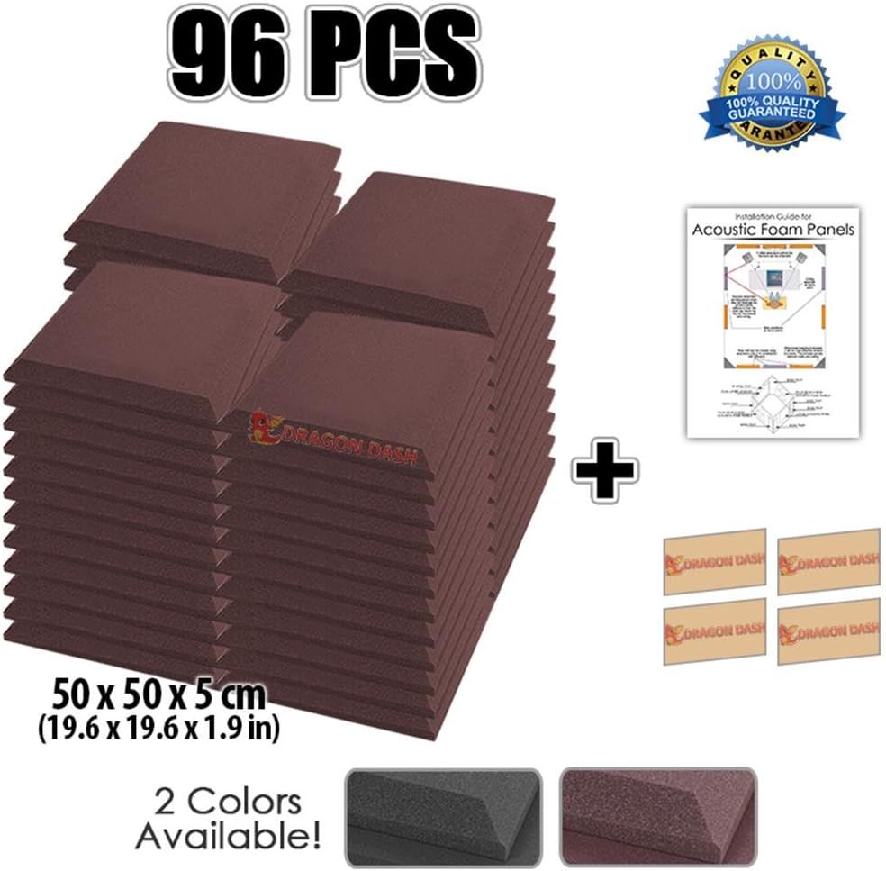 Dragon Dash (96 Pack) of 19.6" X 19.6" X 1.9" Inches Brown Acoustic Soundproofing Flat Bevel Foam Studio Treatment Wall Panel Tiles DD1039 (Brown)