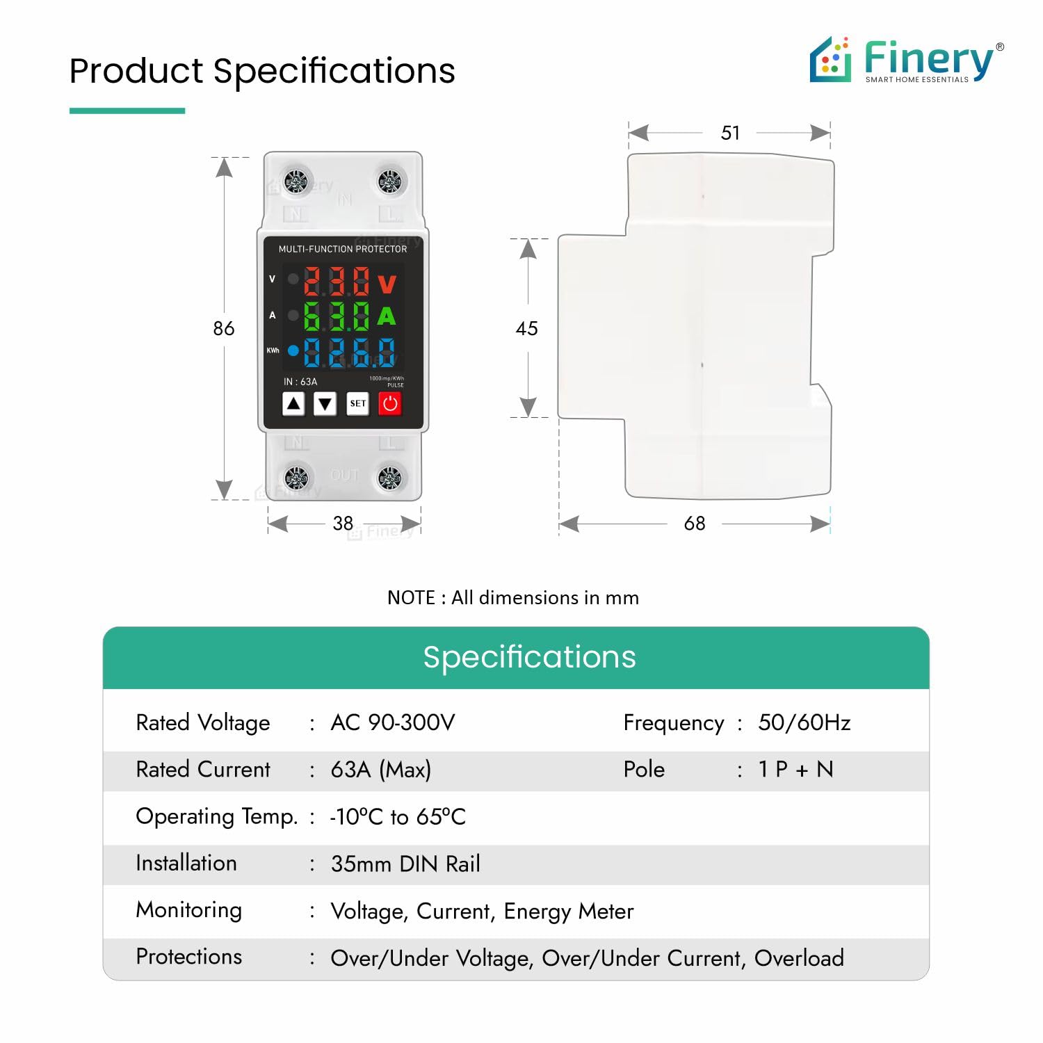 Finery Non-WiFi 63A Over Voltage Under Voltage Protection and Over Load Protection Corded Electric Digital Energy Meter with Delayed Start Din-Rail Mounted Single Phase 220V (13.8kW), White - Image 6 thumbnail