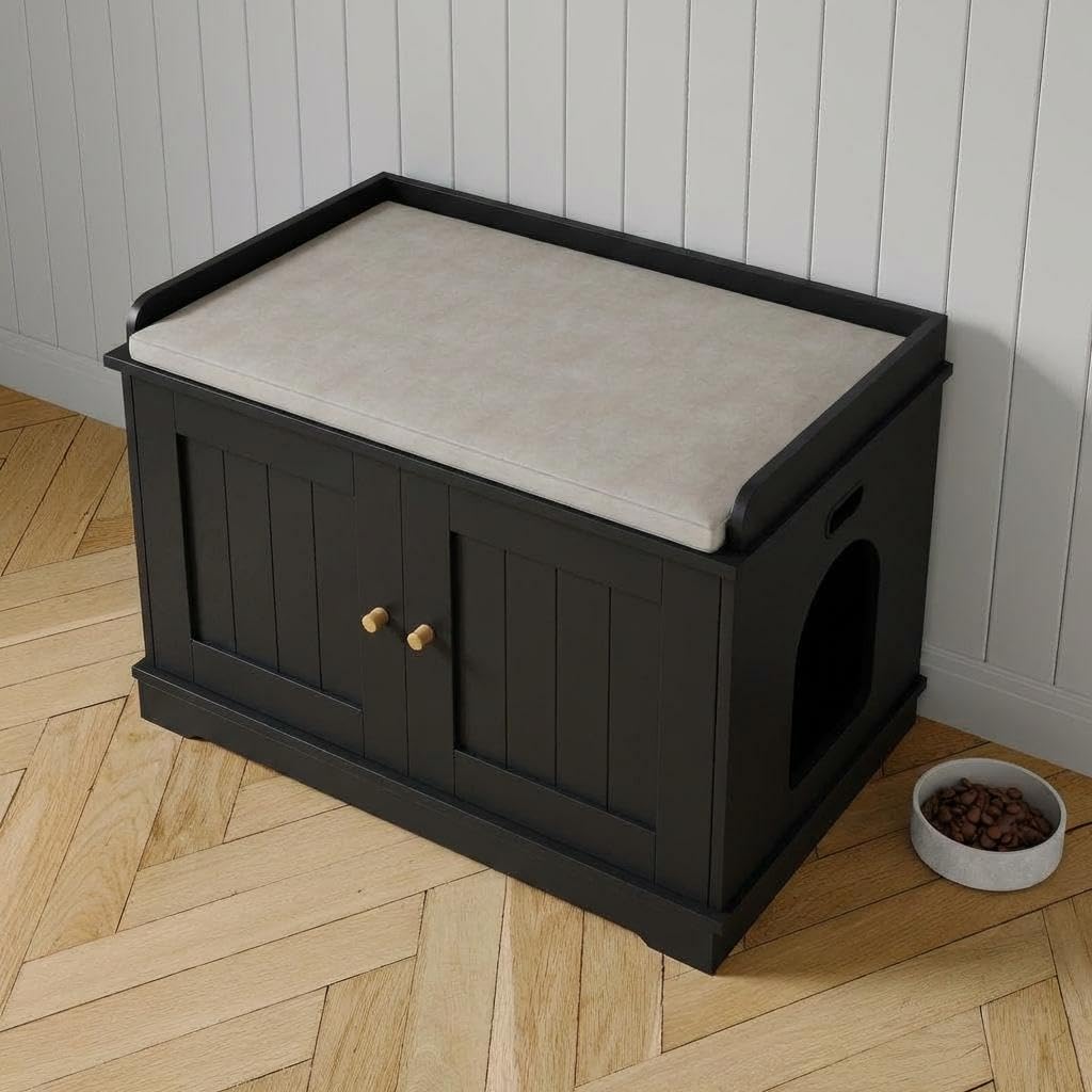 Modern Cat Litter Box Enclosure Furniture – Hidden Wooden Litter Box Cabinet with Double Doors & Barn Door – Indoor Cat Washroom End Table – Dog Proof Pet House – Fits Most Litter Boxes