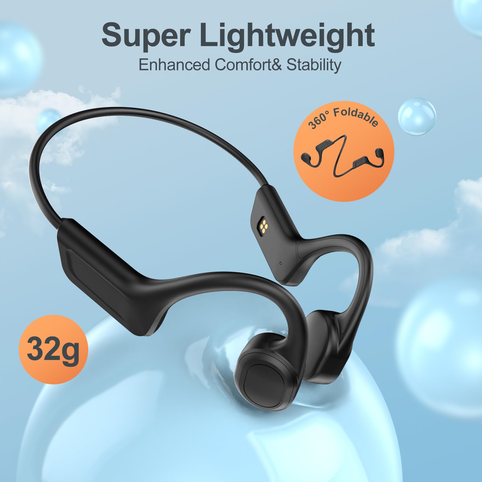 Cuffie a conduzione ossea, impermeabili IP68, auricolari wireless Bluetooth 5.3 con microfono, MP3 da 32 GB integrati, cuffie Bluetooth aperte per corsa (nero opaco)