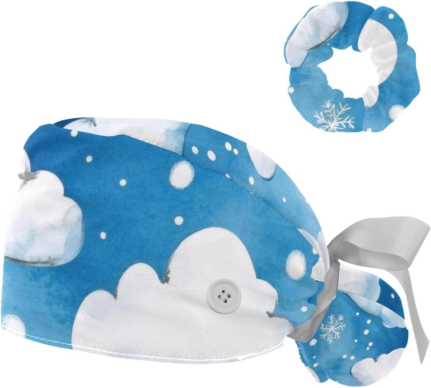 Women Working Cap with Buttons and Sweatband Watercolor Blue Clouds and Sky Ribbon Tie Back Bouffant Hat
