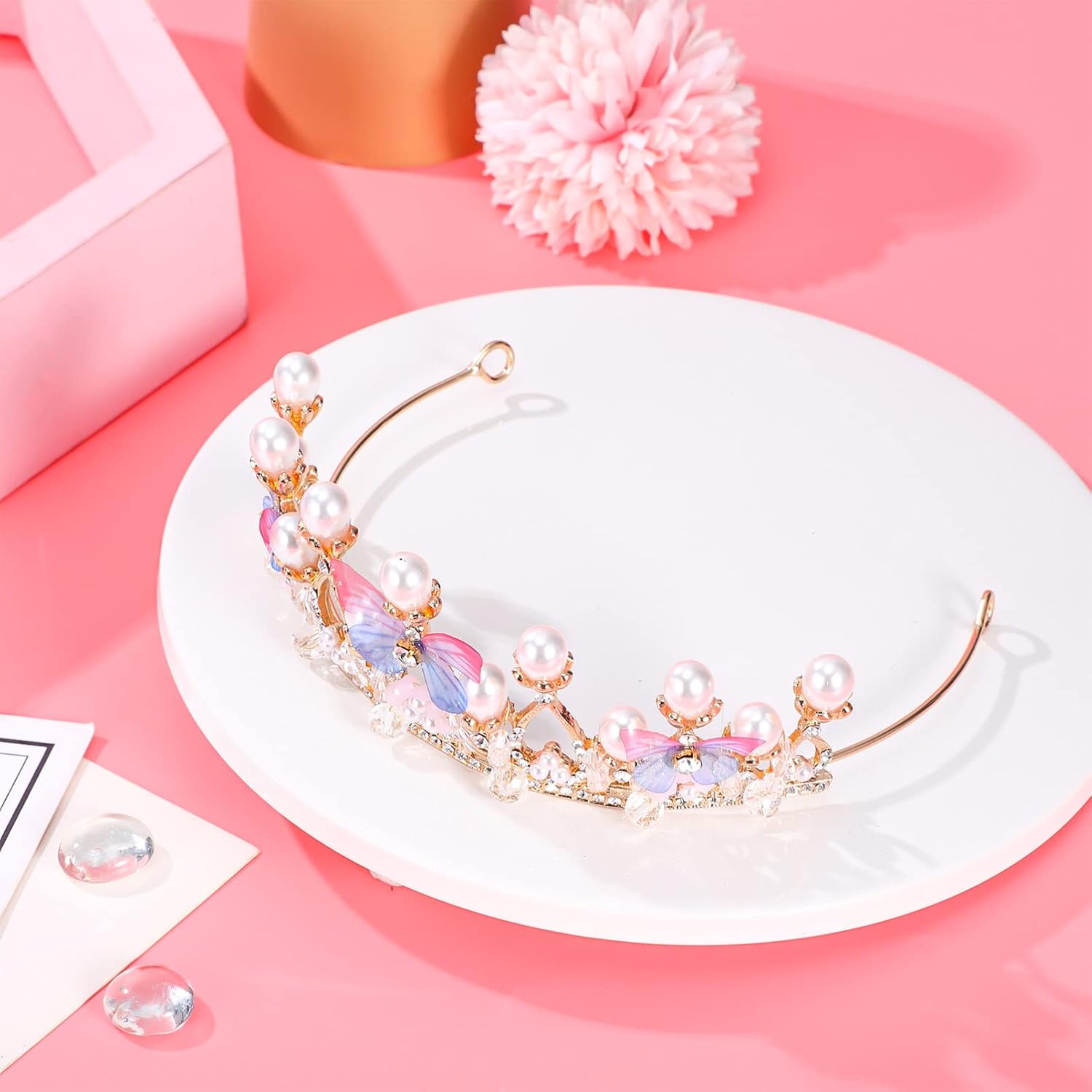Princess Crown Wedding Headpieces Pearl Butterfly Princess Tiara Headband Girls Crown Rhinestone Wedding Bridal Prom Birthday Crowns for Girls - Image 2