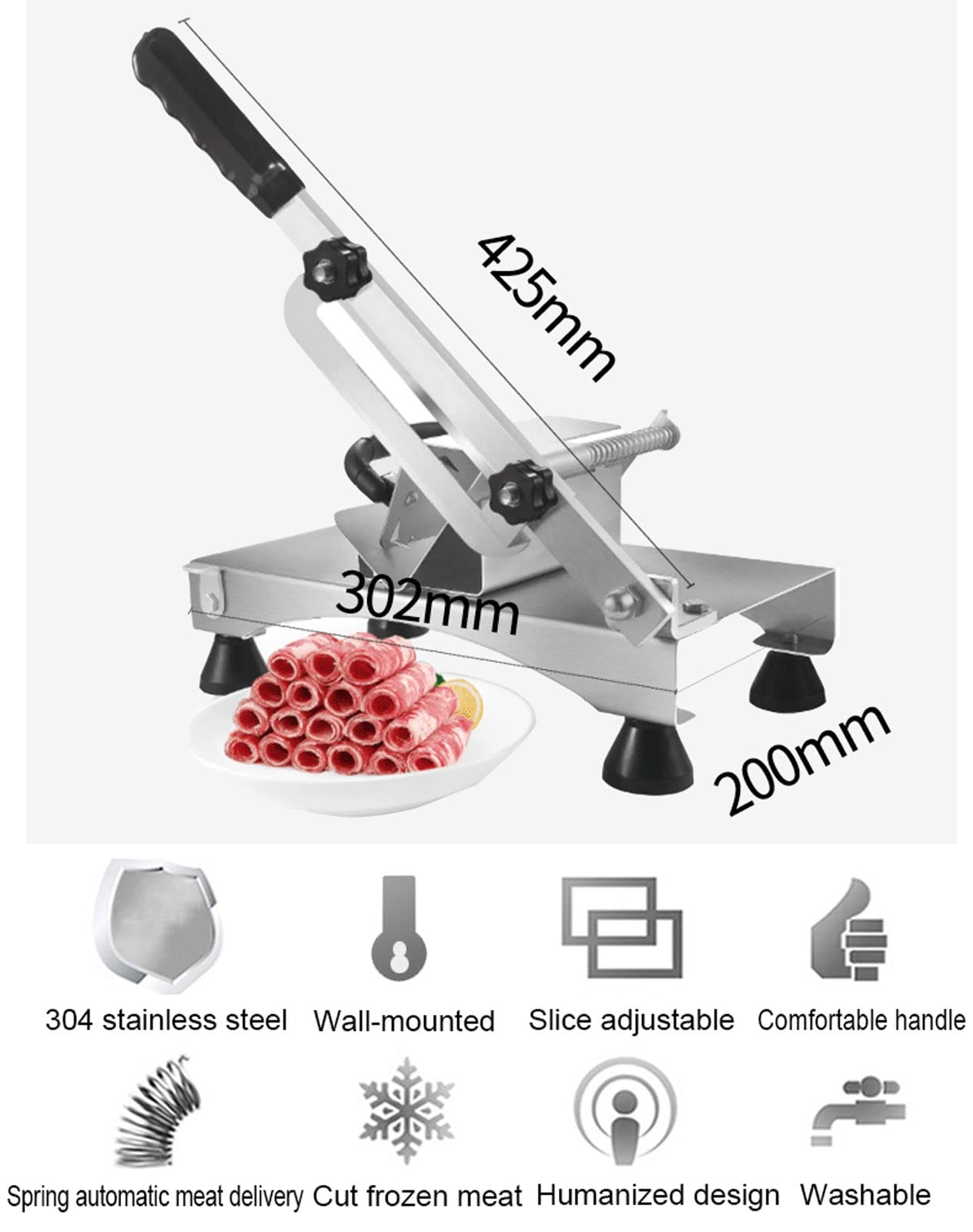 Rebanadora de Carne Congelada Cortafiambres Manual para Vegetales Frutas Hogar Ajuste de 0,5-25 MM Cortadora de Acero Inoxidable, Entrega de Carne Asistida por Primavera