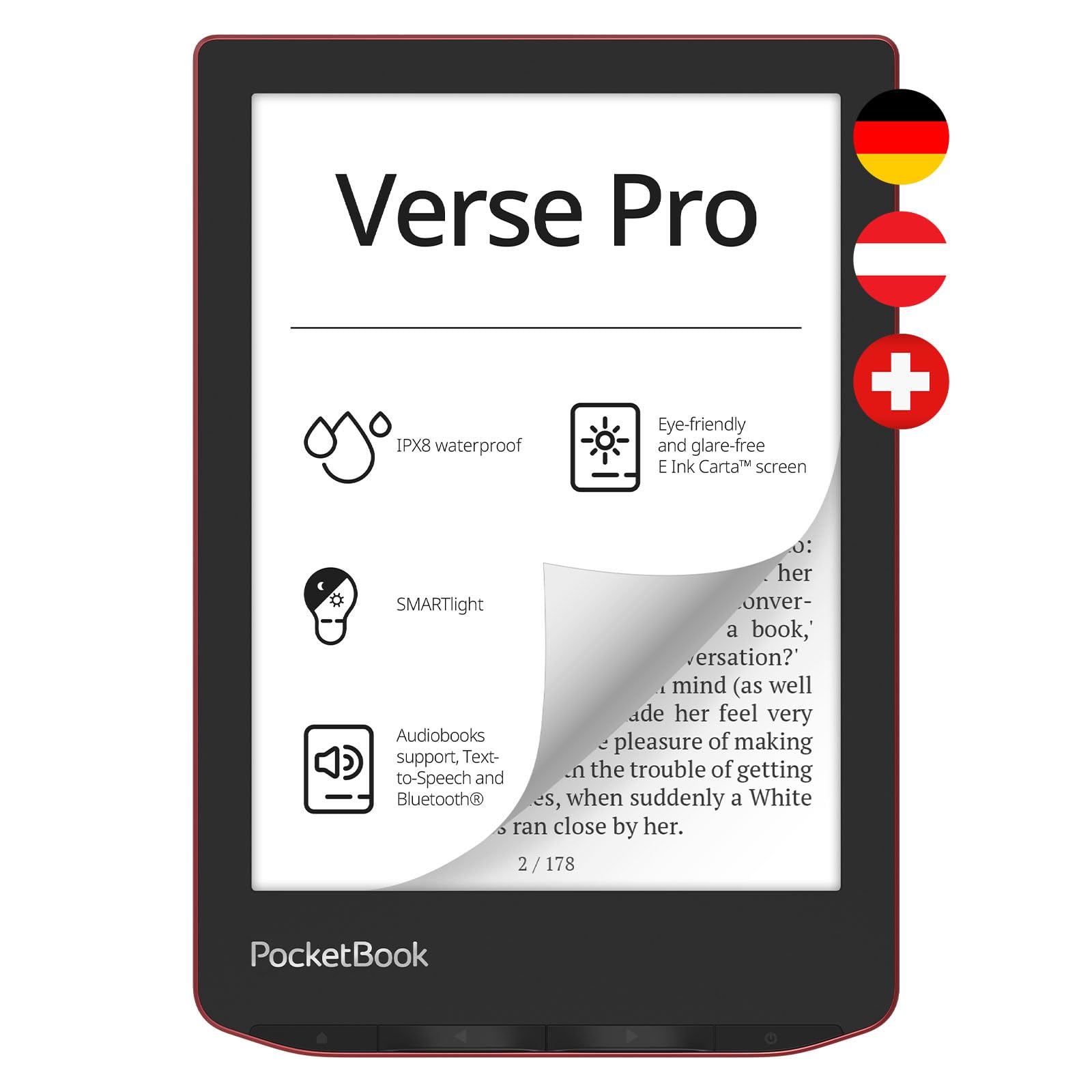 Pocketbook Verse Pro eReader, Rojo, Memoria de 16 GB, reproducción de audiolibros, inalámbrico, 6 ", versión Alemana