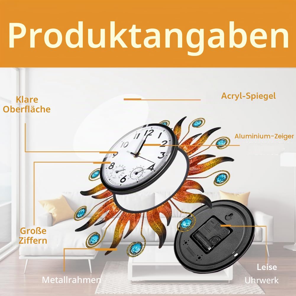 Sun Outdoor Uhr mit Thermometer und Hygrometer Combo, Silent No-Ticking Outdoor Wanduhr, wasserdichte Quarzuhr für Terrasse, Wohnzimmer, Küche, Garten, 13 Zoll