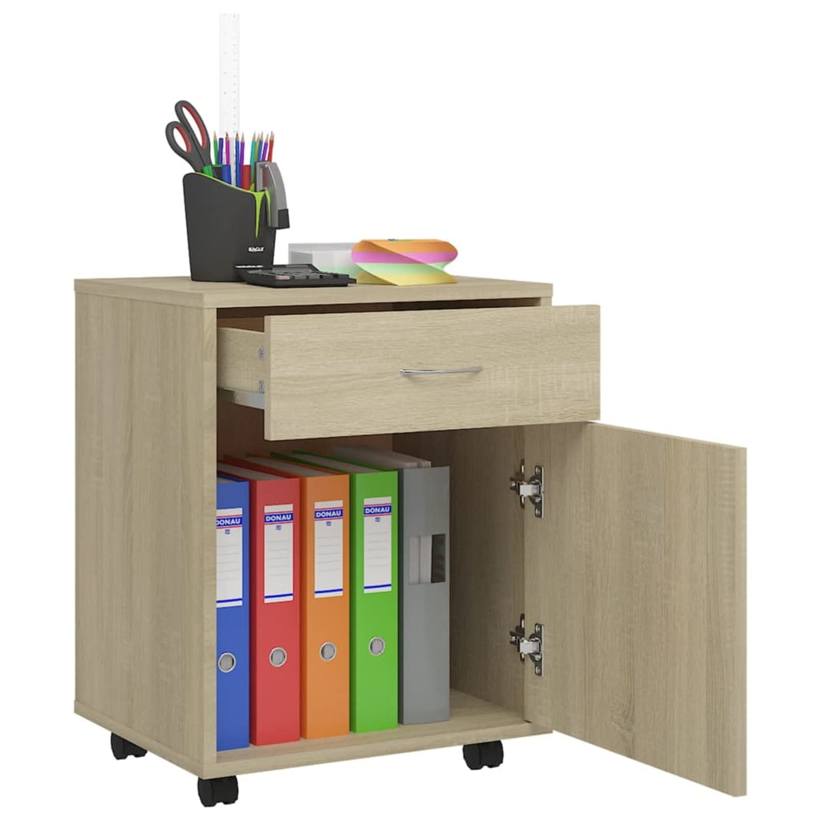 Armadietto con Ruote Rovere Sonoma 45x38x54cm Legno Multistrato,Carrello Porta Stampante,Mobiletto con Ruote,Supporto per Stampante in Legno,Classificatore per Documenti per Studio,Ufficio