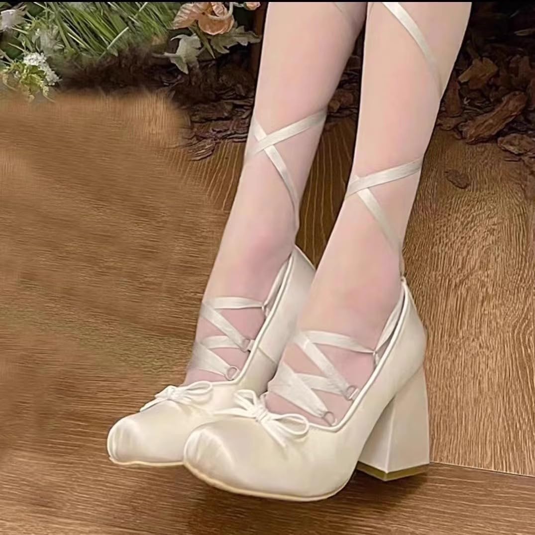 Women's Gothic Lolita Cosplay Mary Jane Shoes, Satin Platform Pumps with Bow, Lace-Up Chunky High Heel Closed Square Toe Party Dress Ballerina Heels