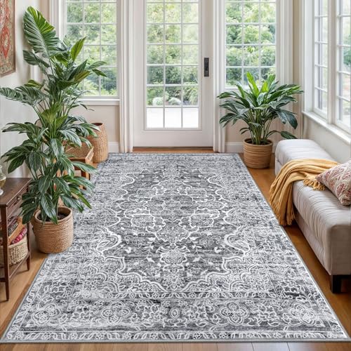 KUTA Area Rug 4x6 Living Room, Washable Rugs Vintage Distressed Tribal Grey White, Non-Slip Dining Room Carpet, Extra Soft Low Pile Printed Traditional Medallion Cozy Throw for Bedroom