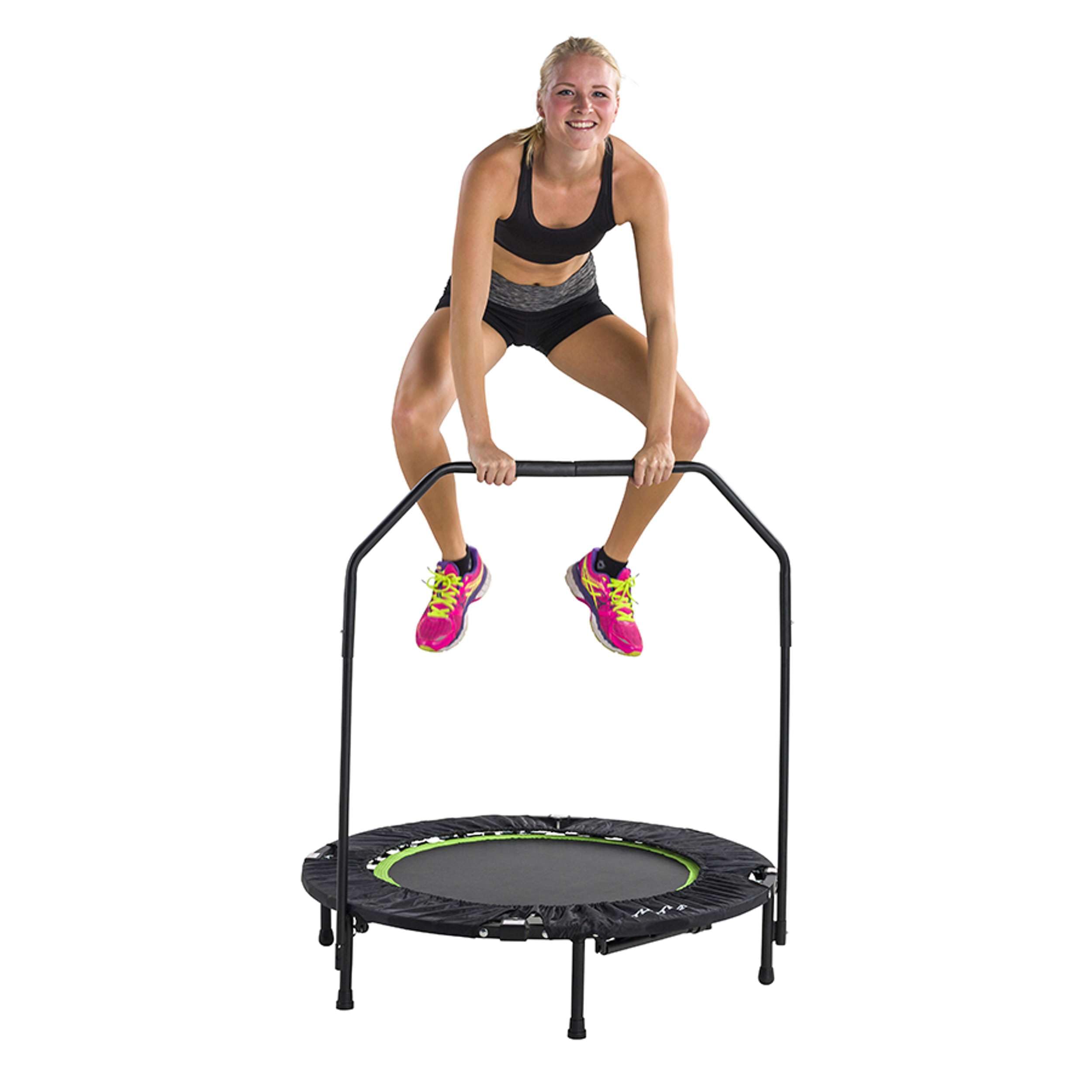 Tunturi Erwachsene klappbares Fitness Trampolin Ø 104cm mit Stange und Randabdeckung/Jumping Fitness Trampolin/Rebounder | Maximale Belastung 140 kg, Sprunghöhe 22 cm, Gewicht 11 kg, Faltmaß 40 x 75 x 10 cm
