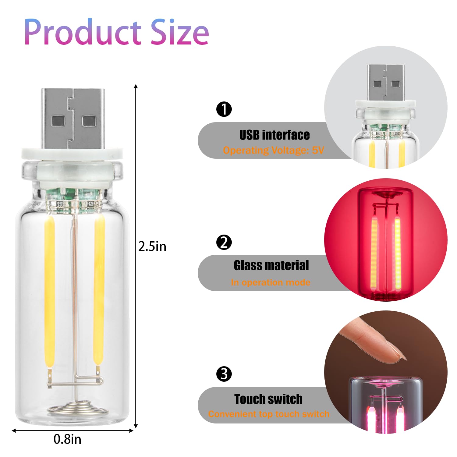 Paquete de 2 luces LED para interior de coche, luz USB para decoración de coche y dormitorio, iluminación ambiental regulable al tacto, mini luz nocturna de botella de vidrio para regalos de camping