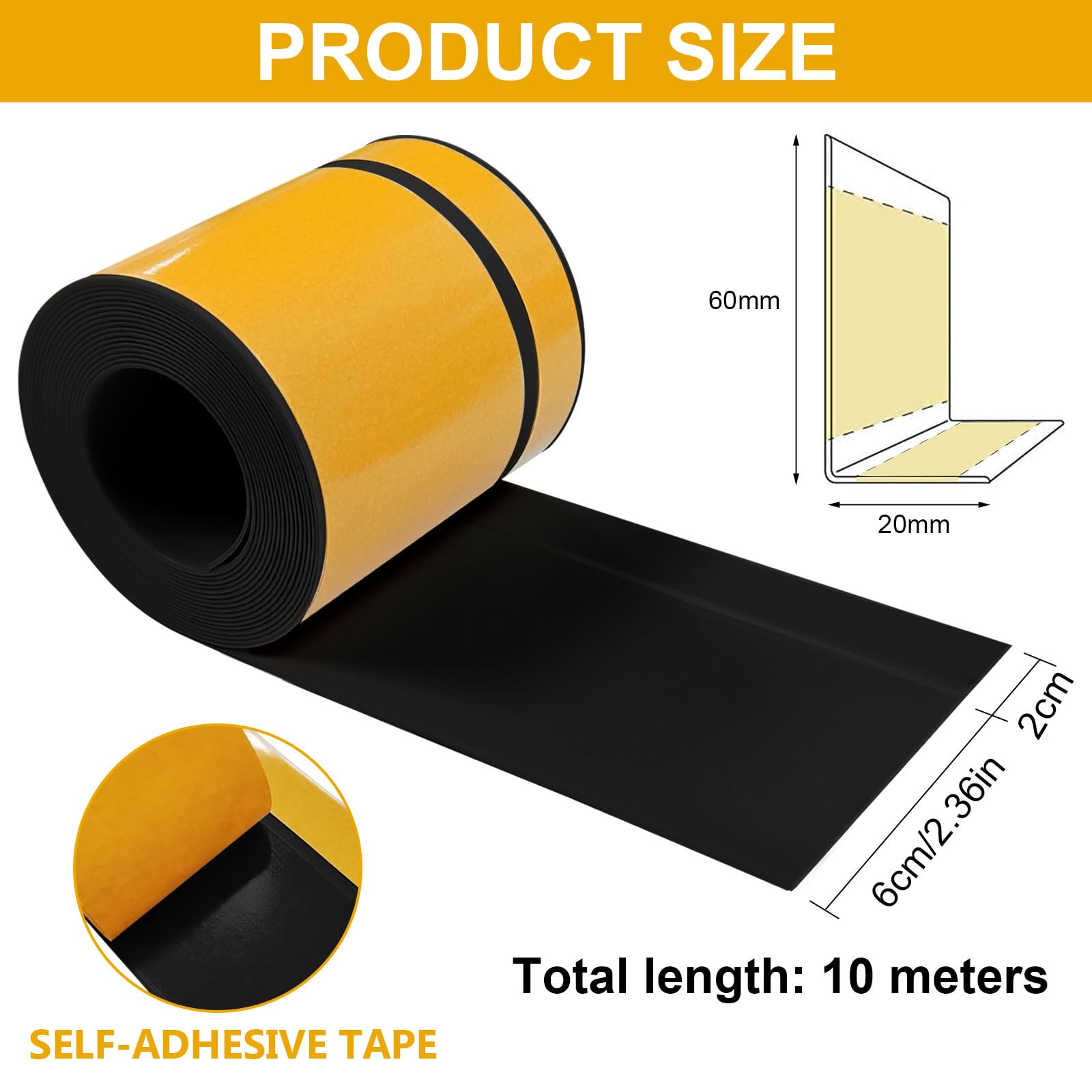 Listwa przypodłogowa, 60 mm x 20 mm x 10 m elastyczna listwa przypodłogowa z PCW, wodoodporna, odporna na zabrudzenia i pleśń, odpowiednia do łazienki i kuchni (czarna)