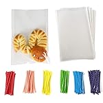 Brandon-super 100 Pcs 10x6 Inch Clear Flat Cello Cellophane Treat Bags Good for Bakery, Popcorn, Cookies, Candies, Dessert. Metallic Twist Ties!