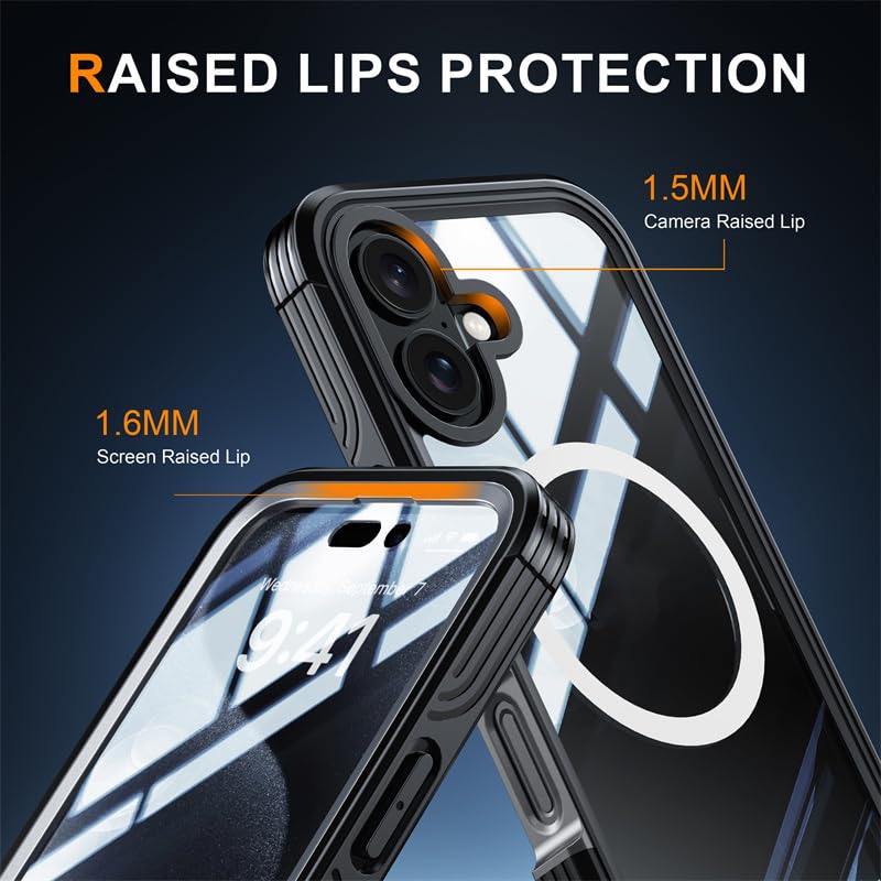 Image of LuxuryKase Shockproof Front & Back Cover for iPhone 16 with Full Body Protection | Strong Grip | Camera & Screen Guard | Wireless Charging Support | Durable TPU+PC Design - Black