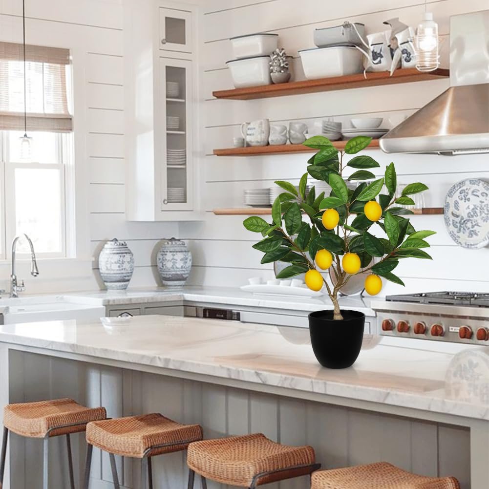 Artificial Potted Plants 19.7 inches Small Fake Lemon Tree Artificial Lemons Citrus Tree with Black Pot Faux Plants Indoor Lemon Decorations for Home,Office, Living Room Table, Desk