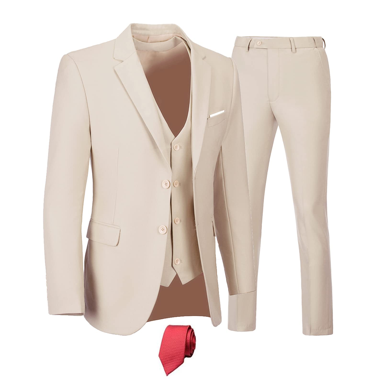 Men's 3 Piece Slim Fit Suit Set Two Button Wedding Business Tuxedo Jacket Vest Pants with Tie