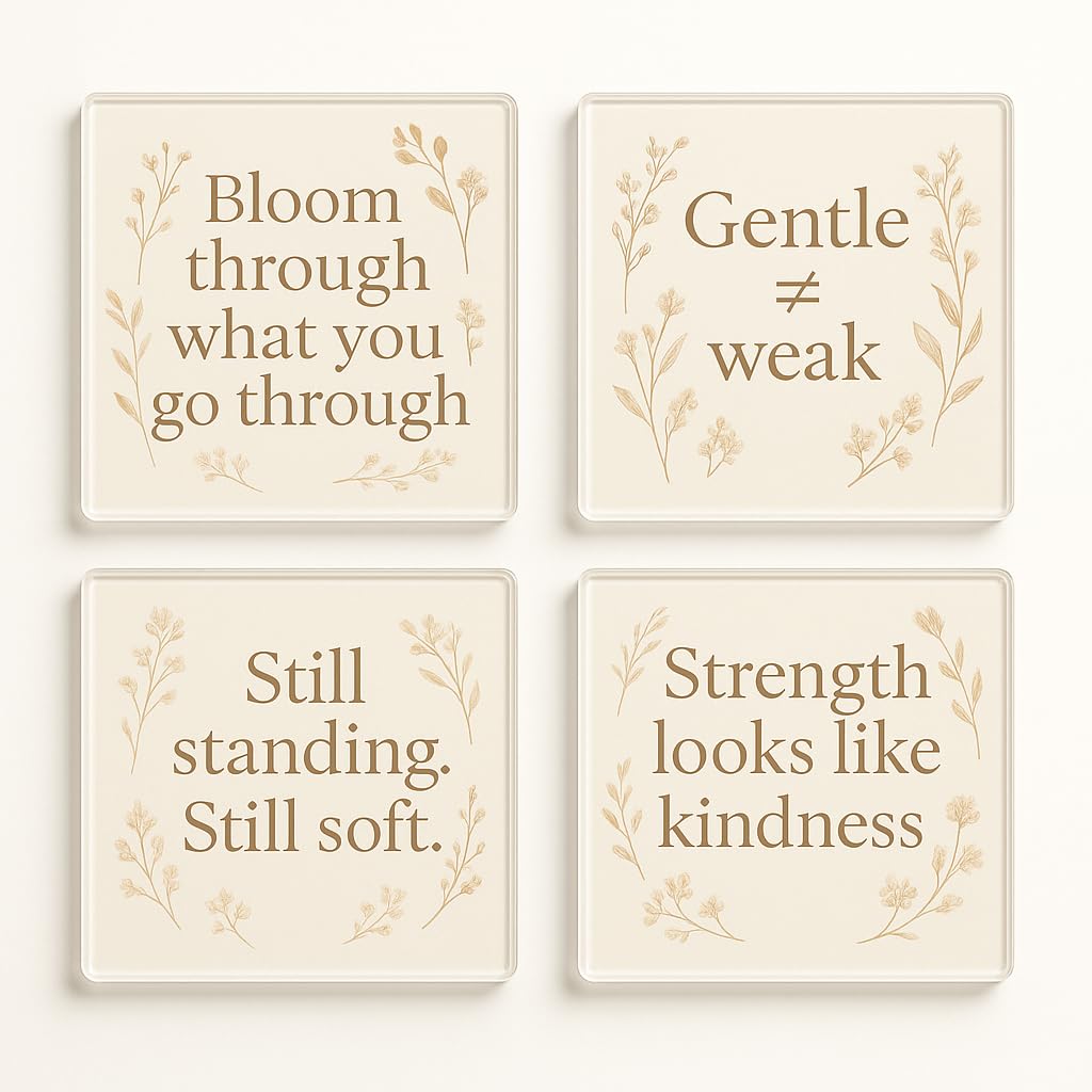 The Plum Penguin Gentle Strength Set Acrylic Coaster Gift Set Of 4 With Empowering Quotes - Gentle Strength Design For Teen & Friend Gifts, Elegant Home Accent