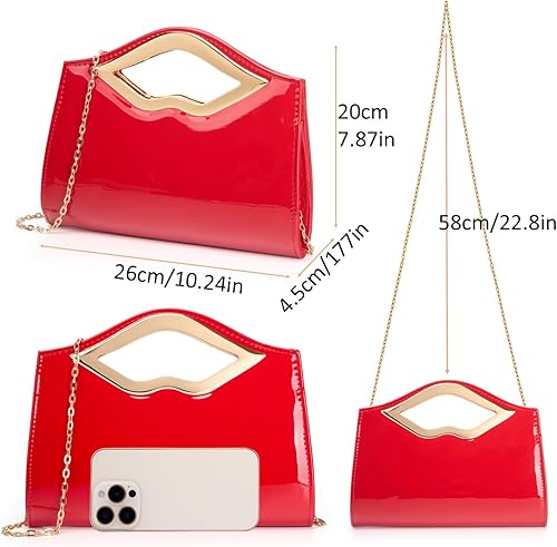 Miniatura 4 de Patent Leather Evening Clutch Purse for Women Lip Metal Grip Handle Handbag for Cocktail Party Prom Red 1386,Gold 1386,Black 1386,Silver