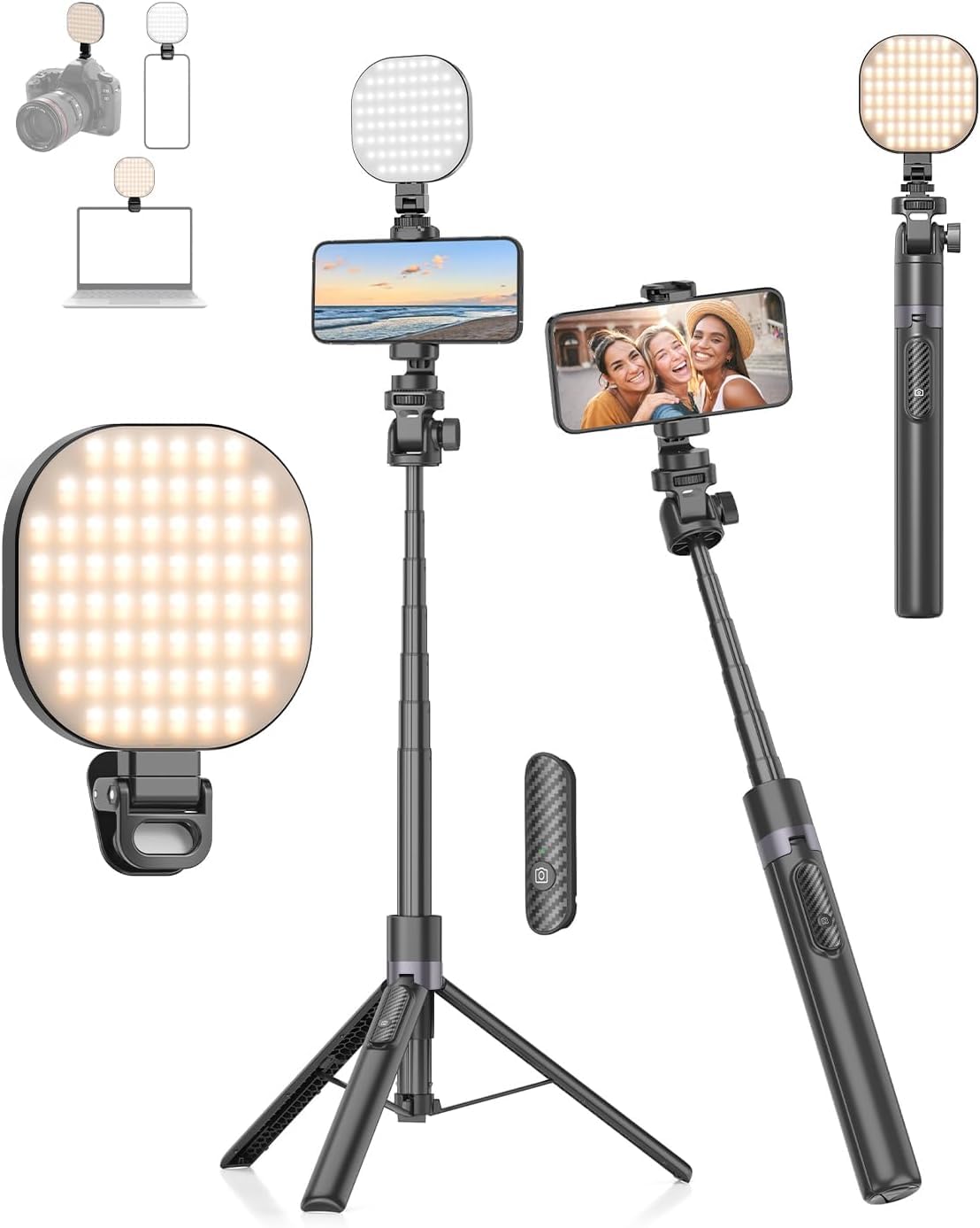 Lampe à Selfie et Perche À Selfie 173 cm, Kit Vlogging Professionnel, Trépied pour Smartphone avec Batterie 2000mAh et T