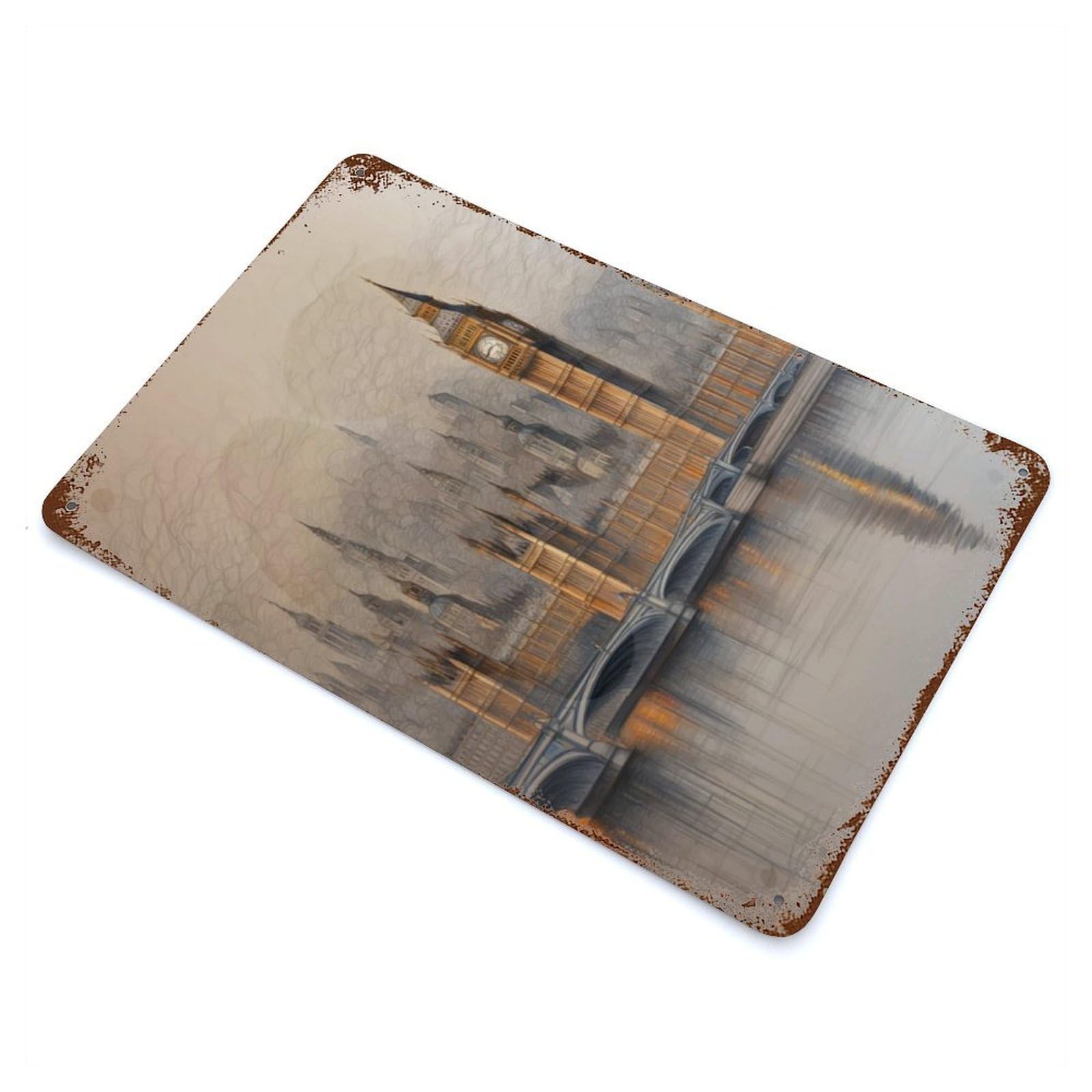 Rust Effect London in Lake Aged Metal Wall Plaque 11.8"x7.9", Rustic Home Decor for Bistro, Counter And Cafe Decor