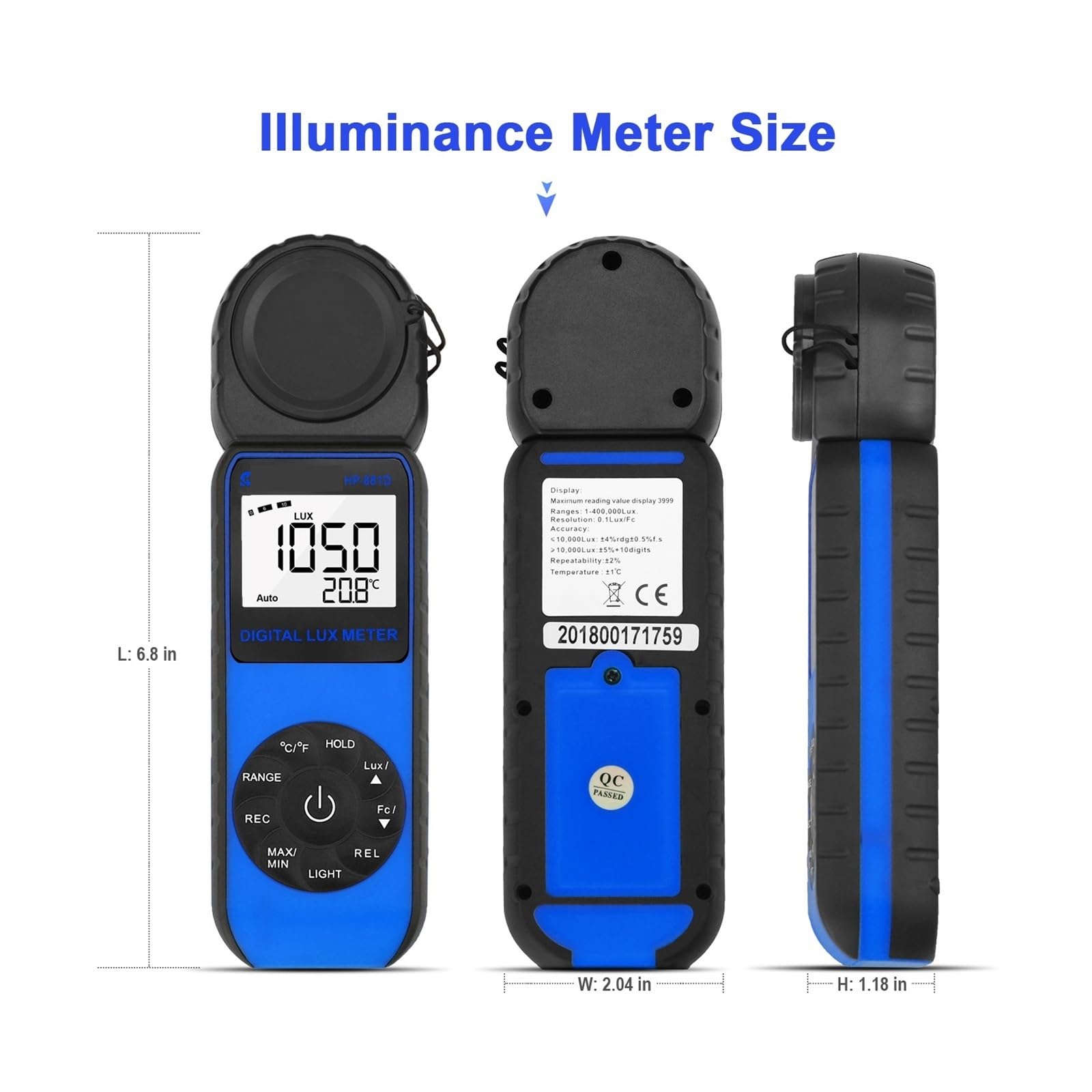 Misuratore di luce, Misuratore di luce portatile for intensità luminosa, luxmetro digitale, precisione ±4%, misurazione 1-400.000 lux, azzeramento automatico, HoldPeak 881D