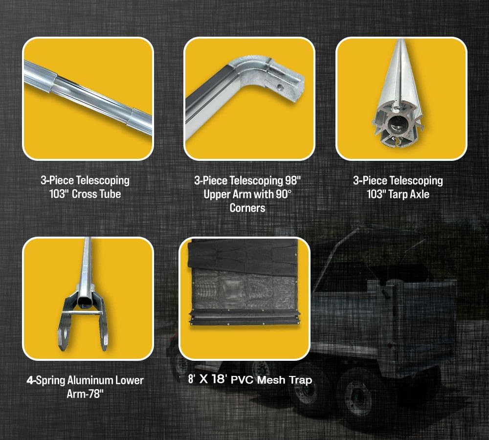 Mytee Products Complete Electric Aluminum 4-Spring Dump Truck Tarp System with 8' x 18' Mesh Tarp for Dump Truck Beds Upto 24' Long & Under 106" Wide - Complete Dump Truck Tarping System