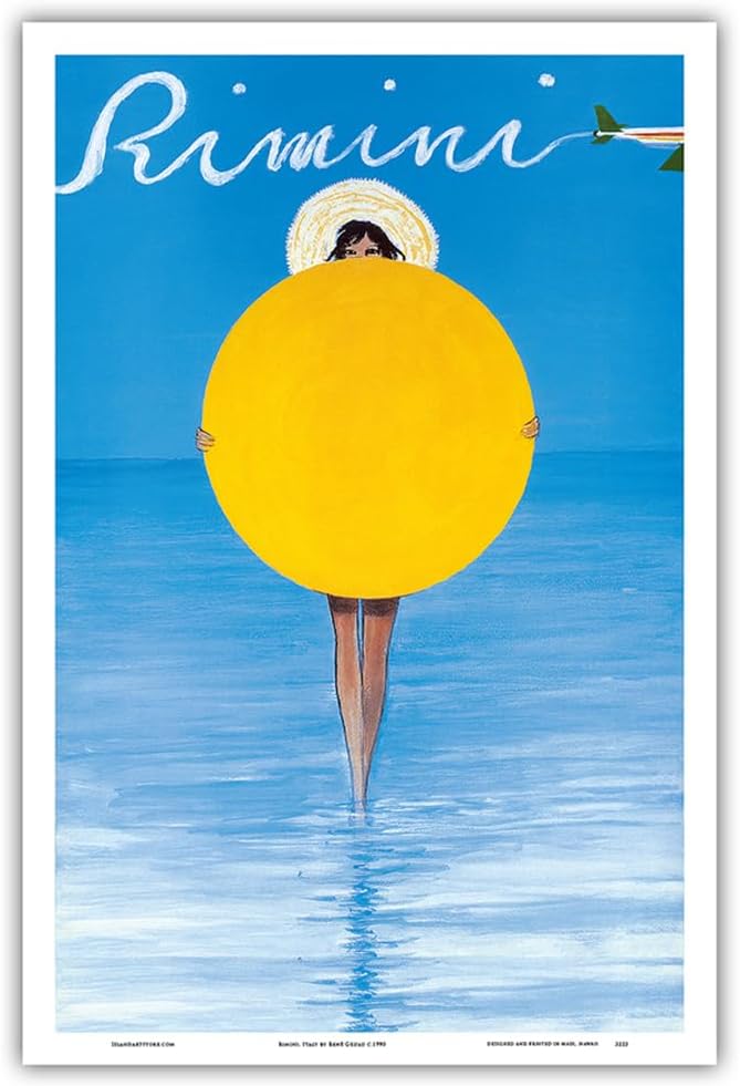 Rimini Italy - Italian Girl with Sun Beach Umbrella - Vintage Travel Poster by René Gruau c.1990 - Master Art Print (Unframed) 13in x 19in