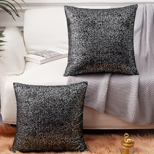 EUCIOR Schwarze und silberne Kissenbezüge, 40,6 x 40,6 cm, Pailletten-Kissen, weich, einfarbig, funkelnd, dekorativ, quadratisch, Kissenbezüge für...