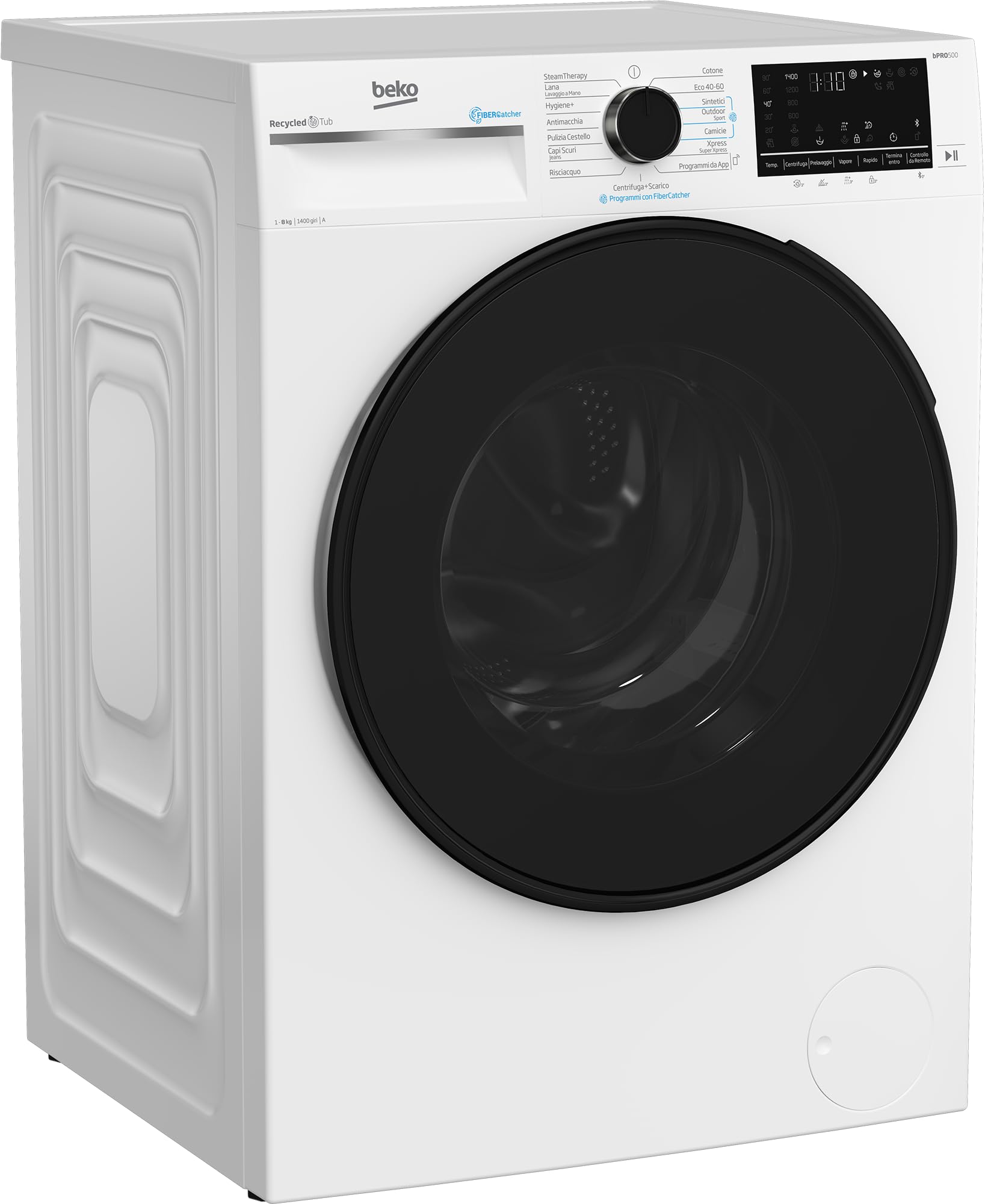 Beko - BWT584BF -Lavatrice filtro microplastiche, 8kg, Cl A, 1400 giri, motore inverter, Display touch, oblò nero, funzione a vapore SteamCure™, vasca in plastica PET riciclata, Bluetooth