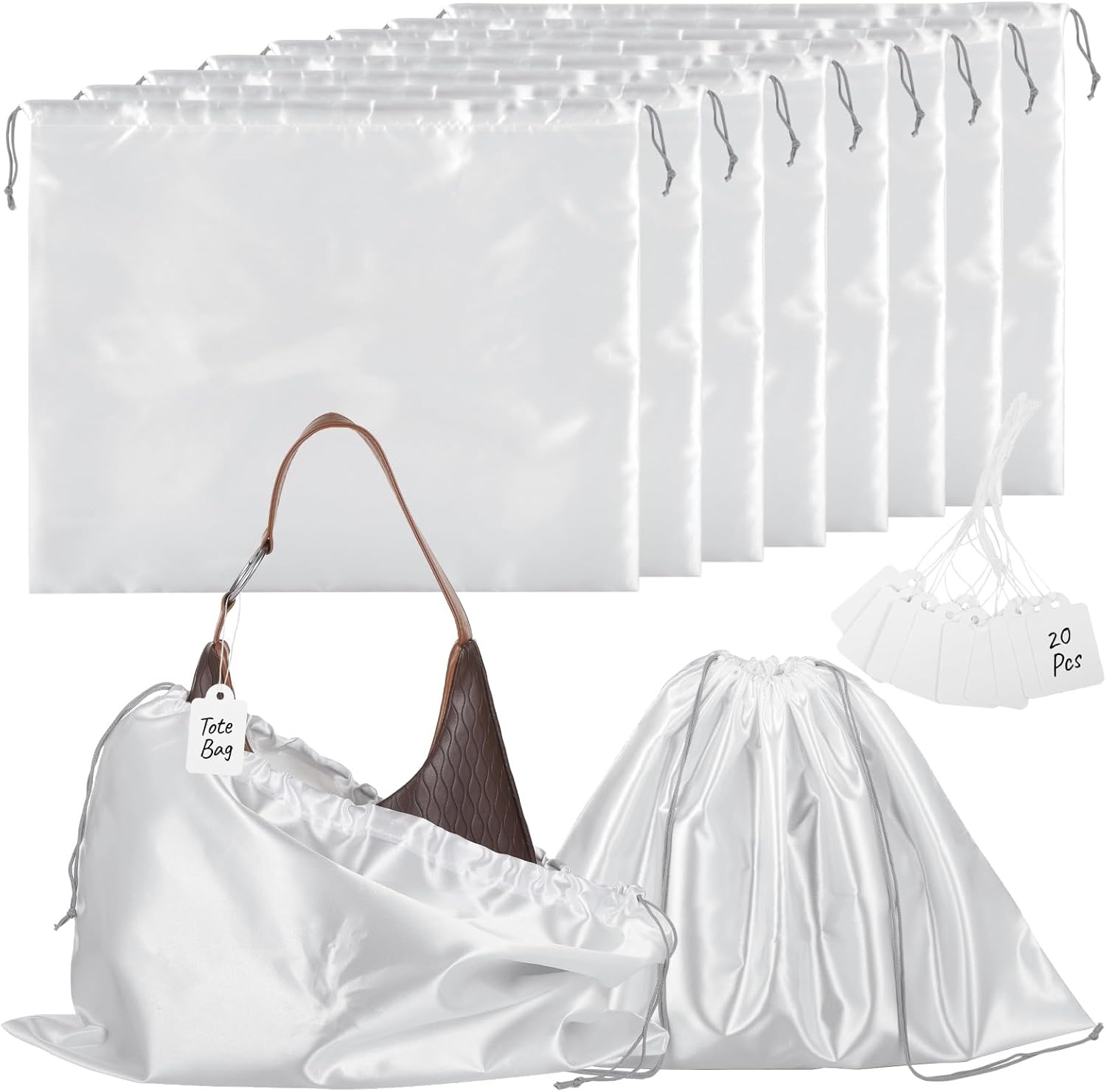 20 Pcs Dust Bags for Handbags and Purses, Large Drawstring Pouches for Storage and Travel, Dustproof Satin Drawstring Bags with Blank Labels, Ideal for Bags, Shoes, Boots, 19.7 x 15.7"
