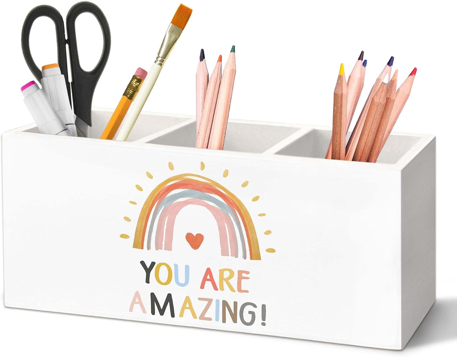 Boho Inspirational Pen Holder for Desk, Boho Classroom Pencil Organizer, You Are Amazing Rainbow Motivational Wooden Pen Holder Desk Accessories Decor for Home Office Classroom