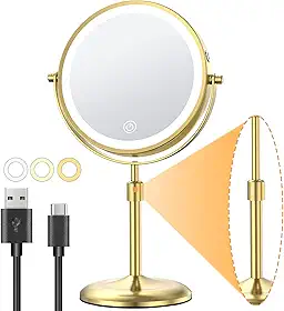 Gospire Espelho de maquiagem iluminado de 17,78 cm com ampliação de 10x/1x, altura ajustável e luzes reguláveis em 3 cores, espelho giratório de 360° com iluminação frente e verso recarregável LED