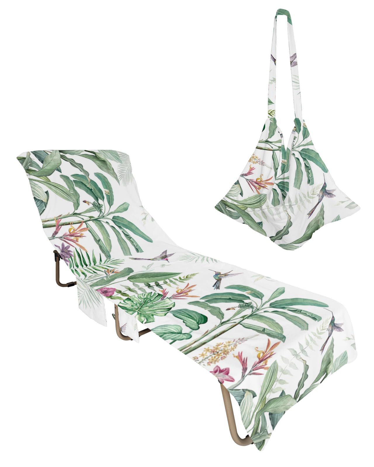 Tropical Plants Beach Lounge Chair Towel Cover, Soft Chaise Lounge Towel with Side Pockets Patio Pool Chairs Cover for Beach/Pool Sunbathing 29x85 Summer Botanical Pastoral Palm Leaves Birds