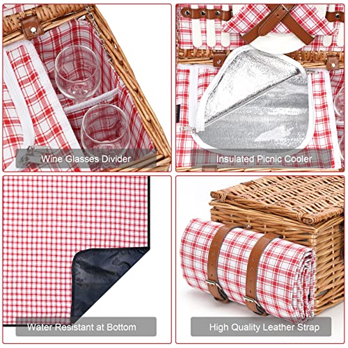 Wicker Picnic Basket Set for 2 Persons with Waterproof Picnic Blanket and Large Insulated Cooler Compartment, Willow Picnic Hamper Basket with Cutlery Service Kits for Camping, Wedding, Anniversary - Thumbnail 3