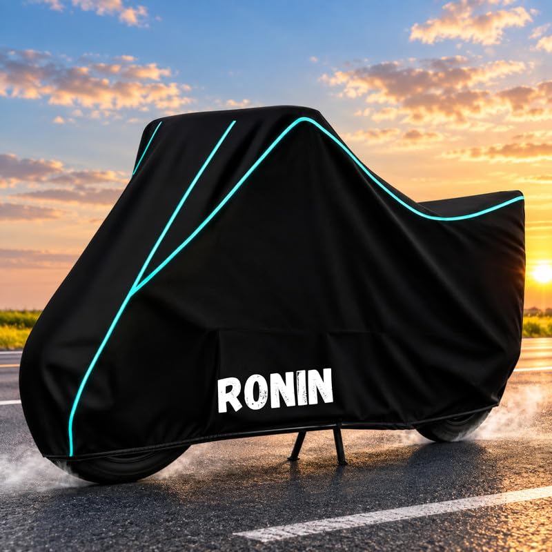 Image of Bike Body Cover for Ronin - Heavy Duty Waterproof, Dustproof & Scratch Resistant Motorcycle Cover, Full Body Outdoor Cover with UV & Rain Protection, Black Aqua Piping