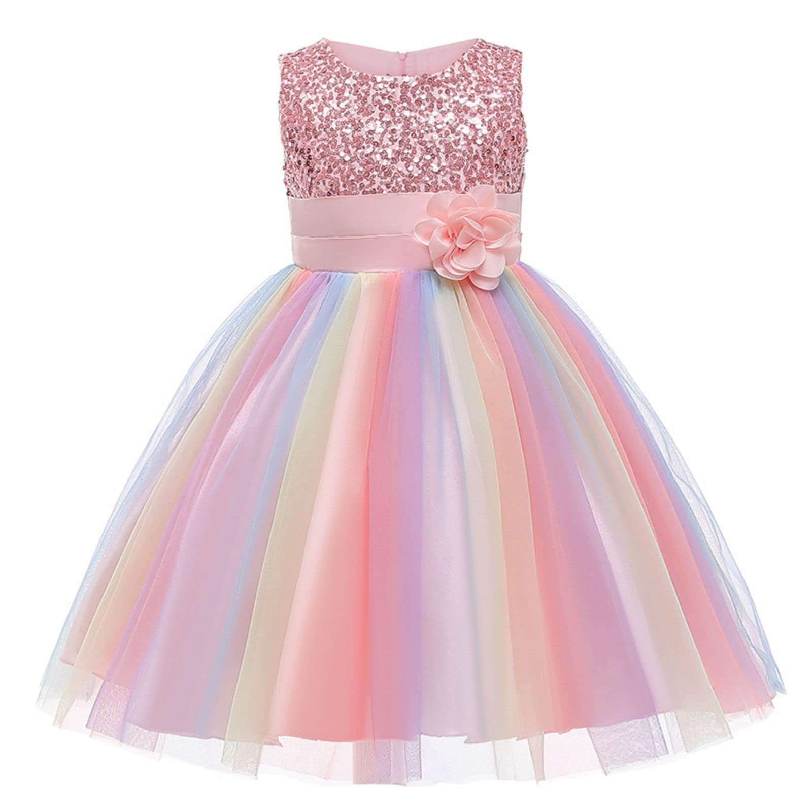 Girls' Princess Dress Sequins Tulle Flower Rainbow Round Collar Sleeveless Evening Dress Girls Dress Princess Girls Dresses Festive