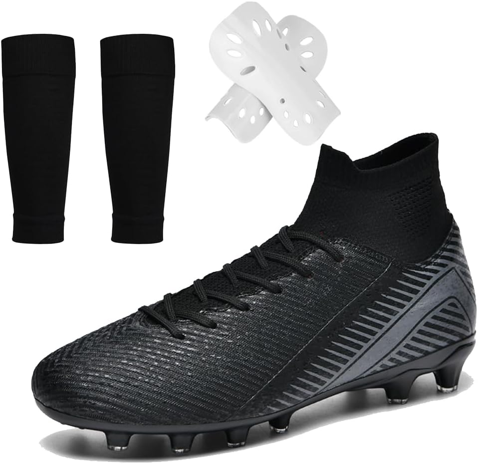 Men's Women's Adult Football Shoes High Top Soccer Boots Training Cleats AG/TF for Turf Baseball Sneaker Youth Adult Sizes with Shin Guard Sock Set