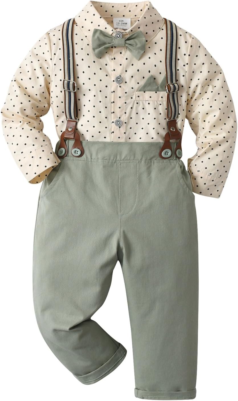 Boarnseorl Baby Boys Pants Sets,Infant Long Sleeve Shirt + Pants + Bow Tie + Suspenders,Toddler Gentleman Outfits - Image 2