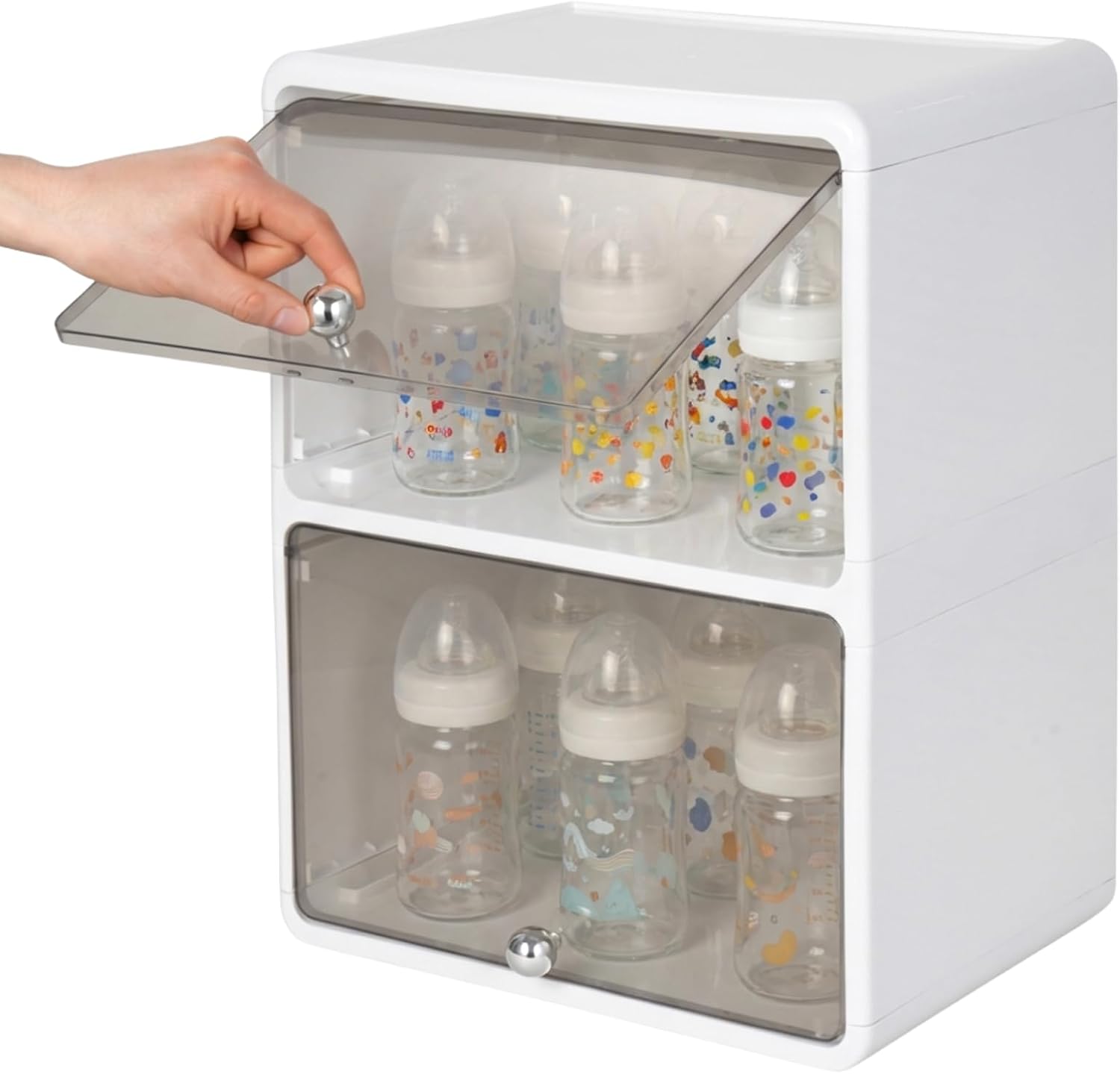 Rainmae Baby Bottle Organizer Clear Stackable Storage for Baby Bottle Nipples and Pump Parts 2-Tier Bottle Storage Organizer Space-Saving Countertop Design for Cabinet Nursery and Kitchen Organization