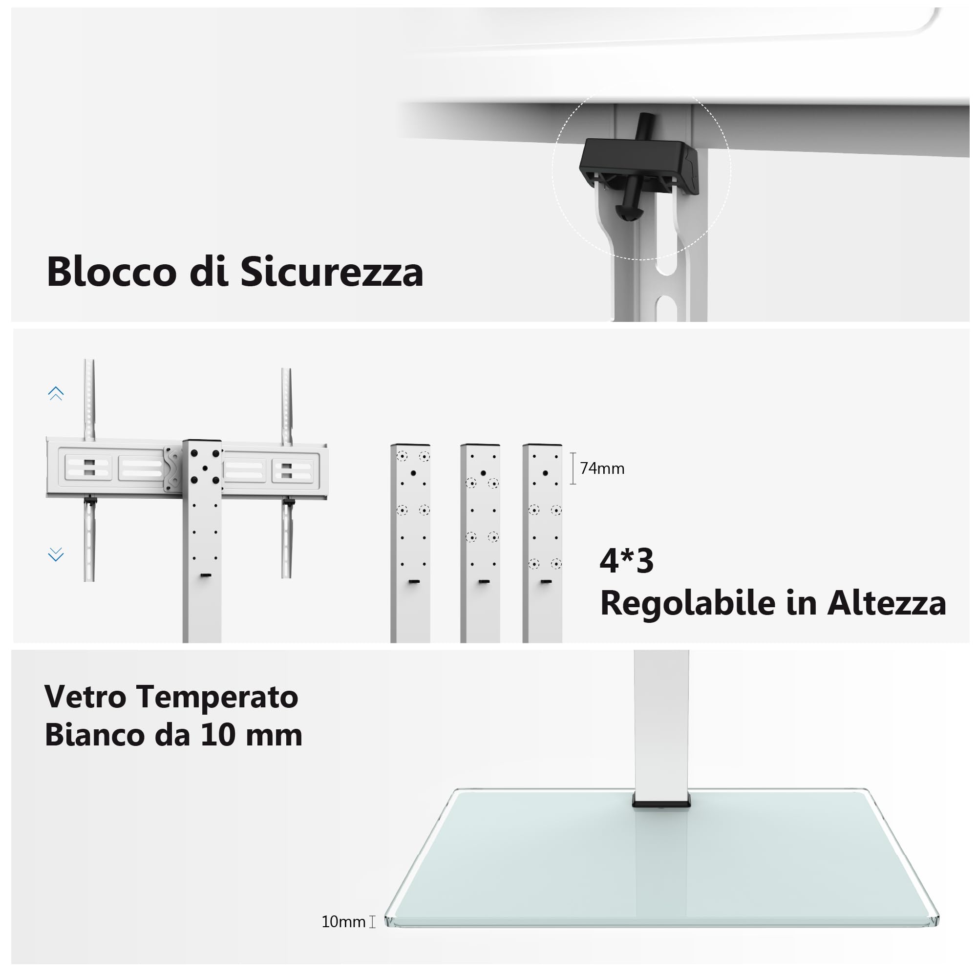FITUEYES Supporto TV da tavolo da 50-85 pollici, stabile piedistallo per TV con regolazione in altezza, girevole a 80° e base in vetro temperato, supporta 65 kg, VESA max 800 x 600 mm, bianco (Bianco)