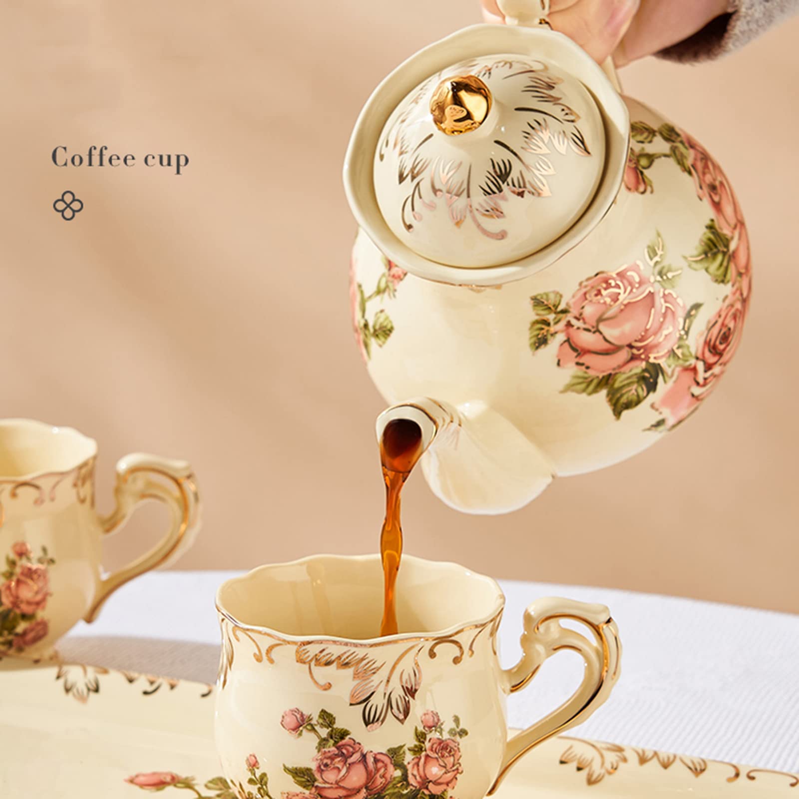 Porcelanowy zestaw do popołudniowej herbaty, kwiatowy zestaw do kawy w stylu vintage z czajnikiem, filiżankami do herbaty, tacą do serwowania i łyżeczką na prezenty i imprezy
