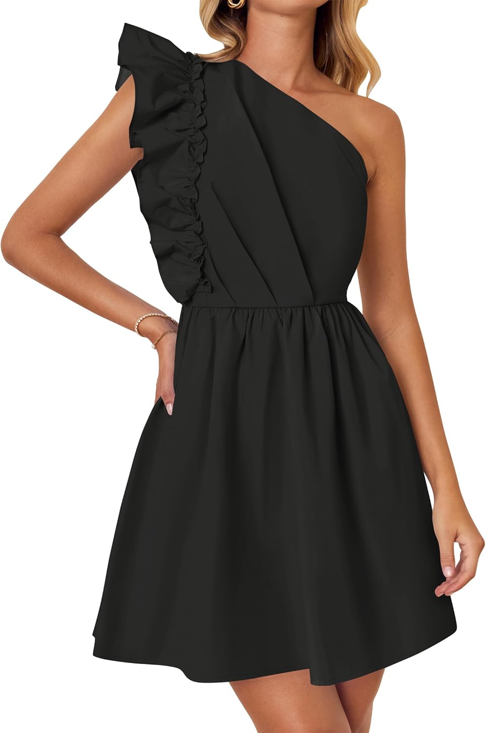 ZESICA Women's Summer One Shoulder Ruffle Dress Boho Sleeveless Elastic High Waist Swing Mini Dresses Dim Large