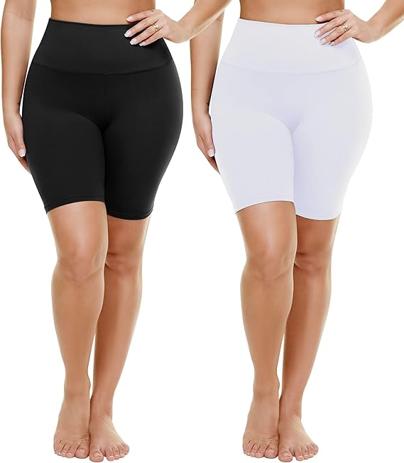 TNNZEET 2 Pack Plus Size Biker Shorts for Women - 8" Black High Waisted Tummy Control Spandex Workout Shorts (XL-4XL)