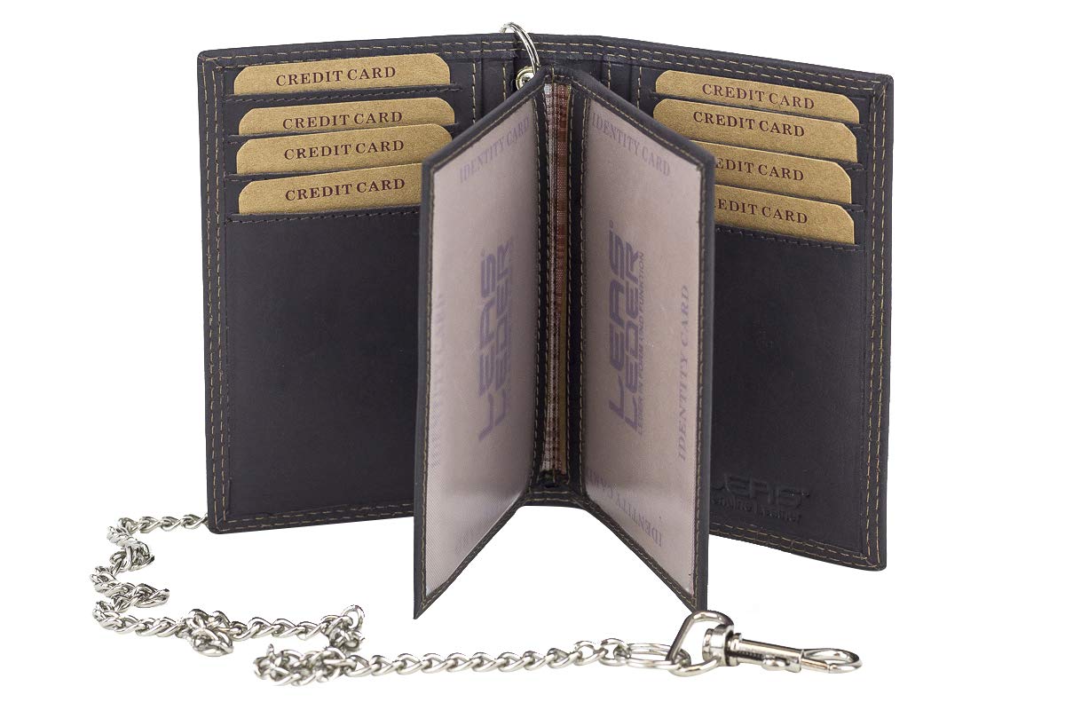 LEAS MCL ID Card Holder and Credit Card Holder with Chrome Chain Biker Card and ID Holder Vertical Format Vintage-Style, Genuine Leather, Brown - ''LEAS Chain-Series''