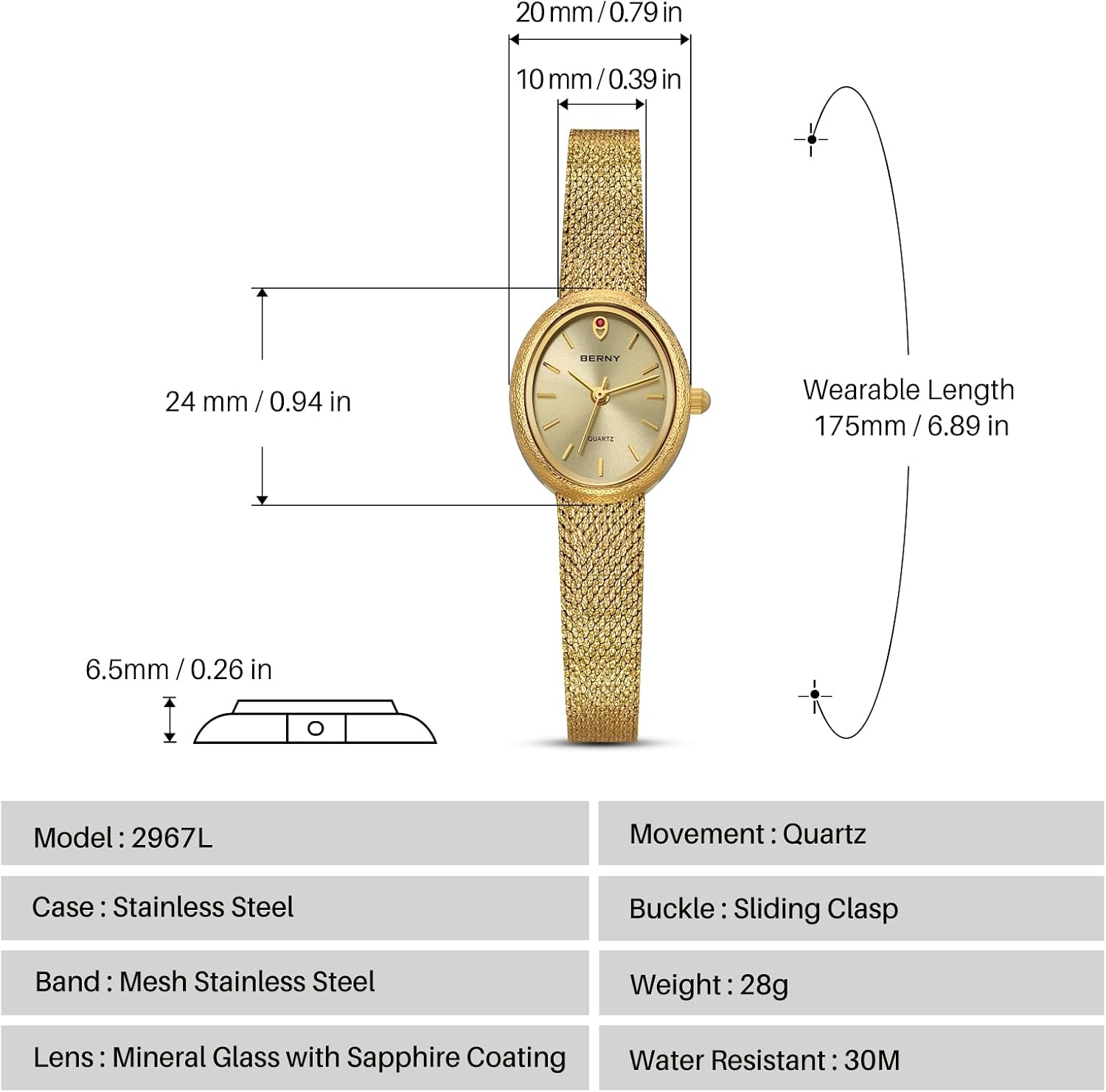 BERNY Vintage Watches for Women, Elegant Oval Women's Wrist Watch, Small Ladies Analog Quartz Watches, 3ATM Waterproof All Stainless Steel Luxury Birthday Present-Sunray Dial